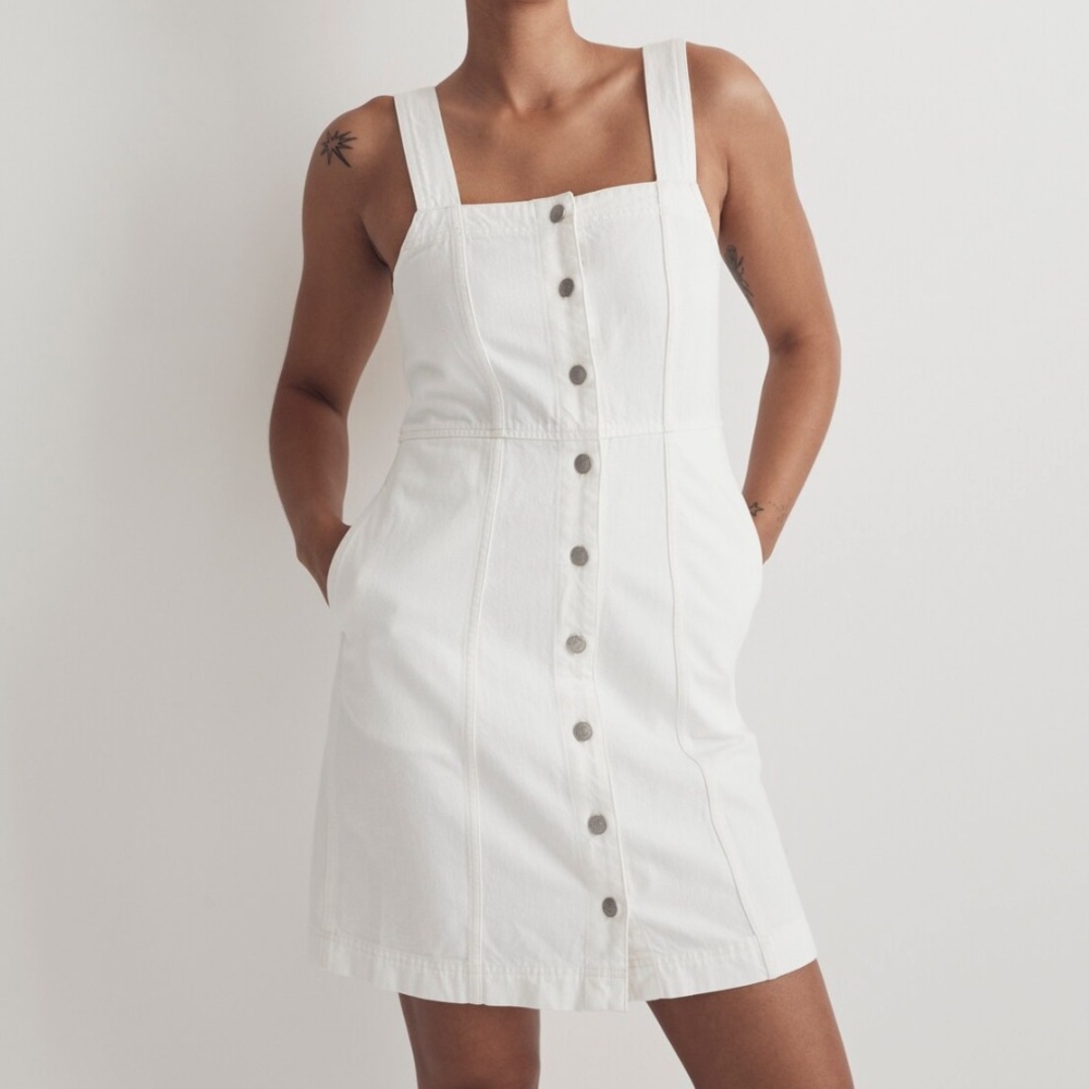 Madewell Denim Square-Neck Sleeveless Mini Dress in Tile White size 10 NWT